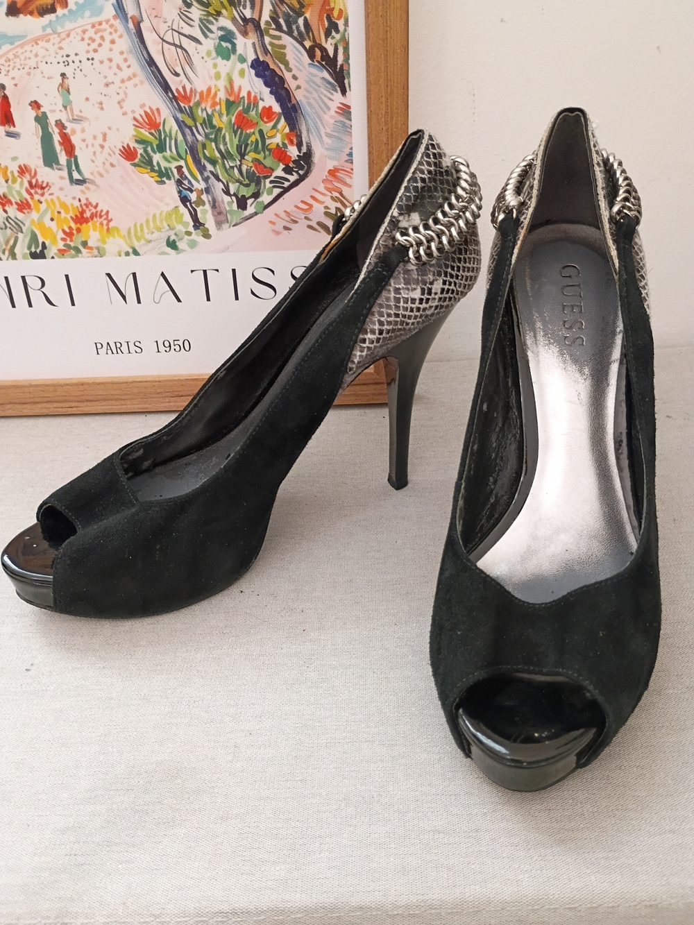 GUESS Black Suede Peep-Toe Heels with Silver Chain & Snakeskin Accent